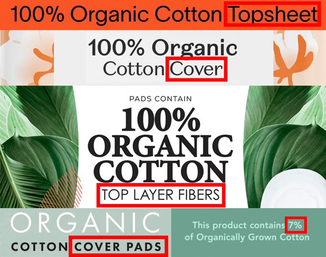 Four label crops with the qualifier words boxed in red: Topsheet, Cotton Cover, Top Layer Fibers, Cover Pads, and one reading 7 percent of Organically Grown Cotton