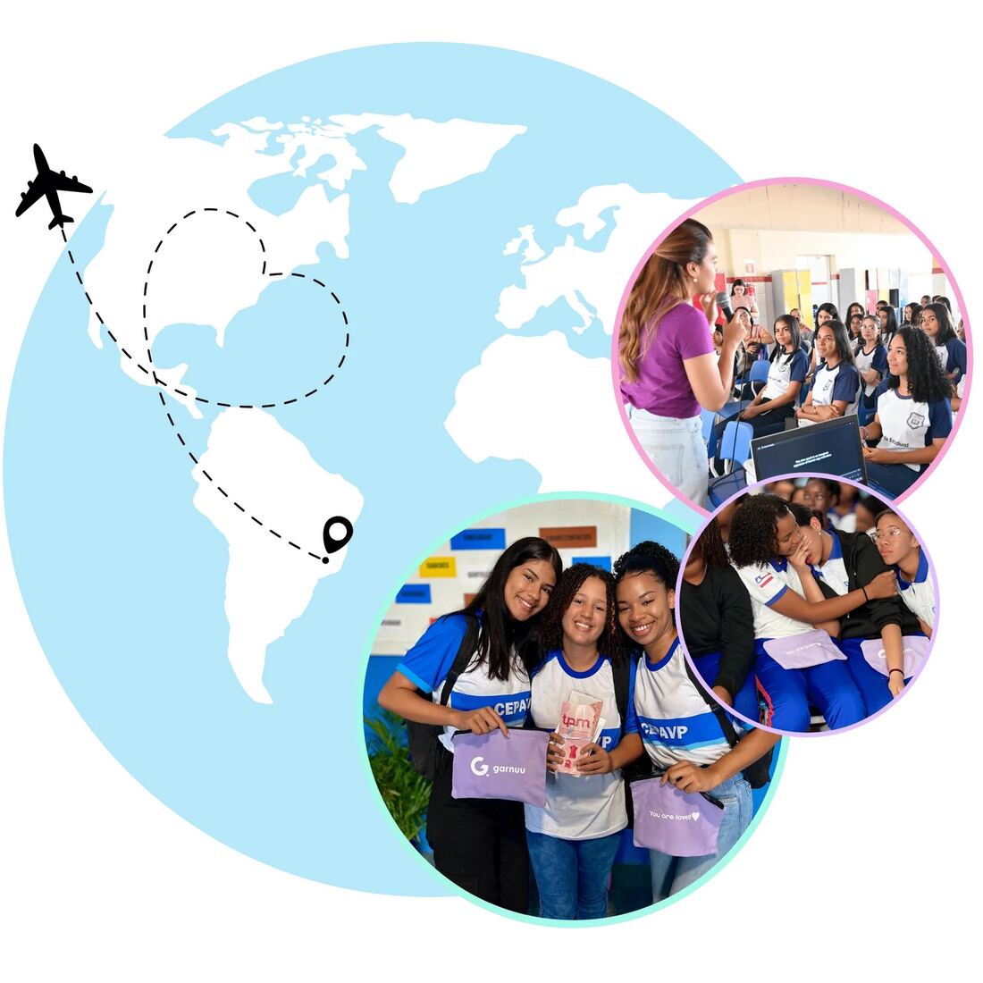 Schoolgirls holding Garnuu kits, with a map showing the route from the United States to Brazil